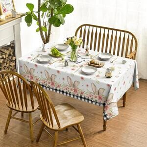 NWT ~ Farmhouse HAPPY EASTER Bunny Ears Flowers Buffalo Check Tablecloth 60 x 84